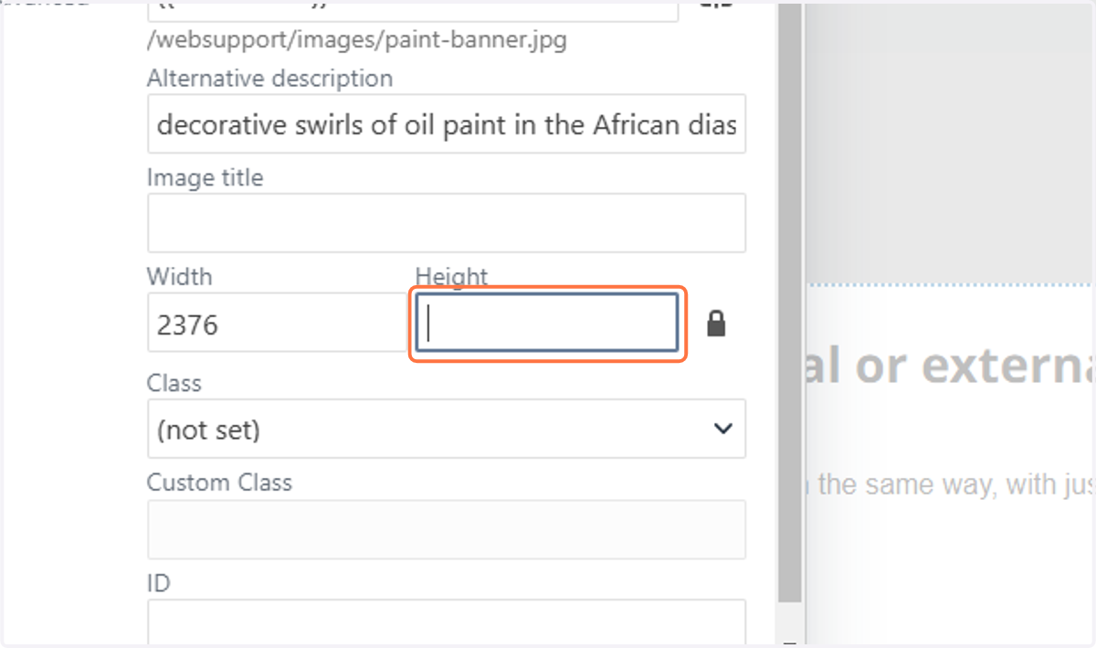 Delete the numbers in the Height field. We do not want to set an intrinsic height on the image because we want it to be responsive to different screen types.