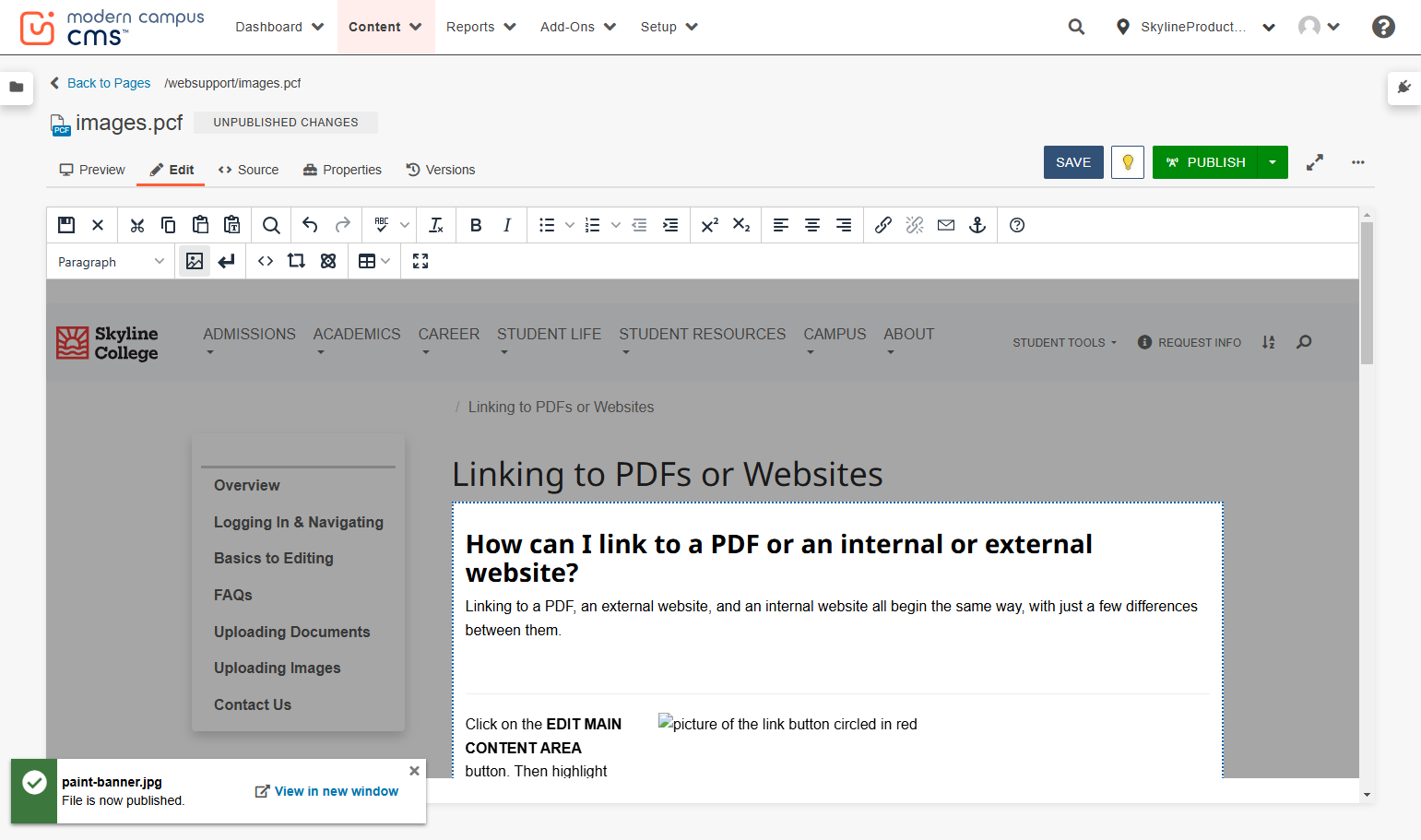 Once you are back on your page and in the page editor, put your cursor on the area you want to add your image to. Then click the image icon in the menu bar to insert your image there.