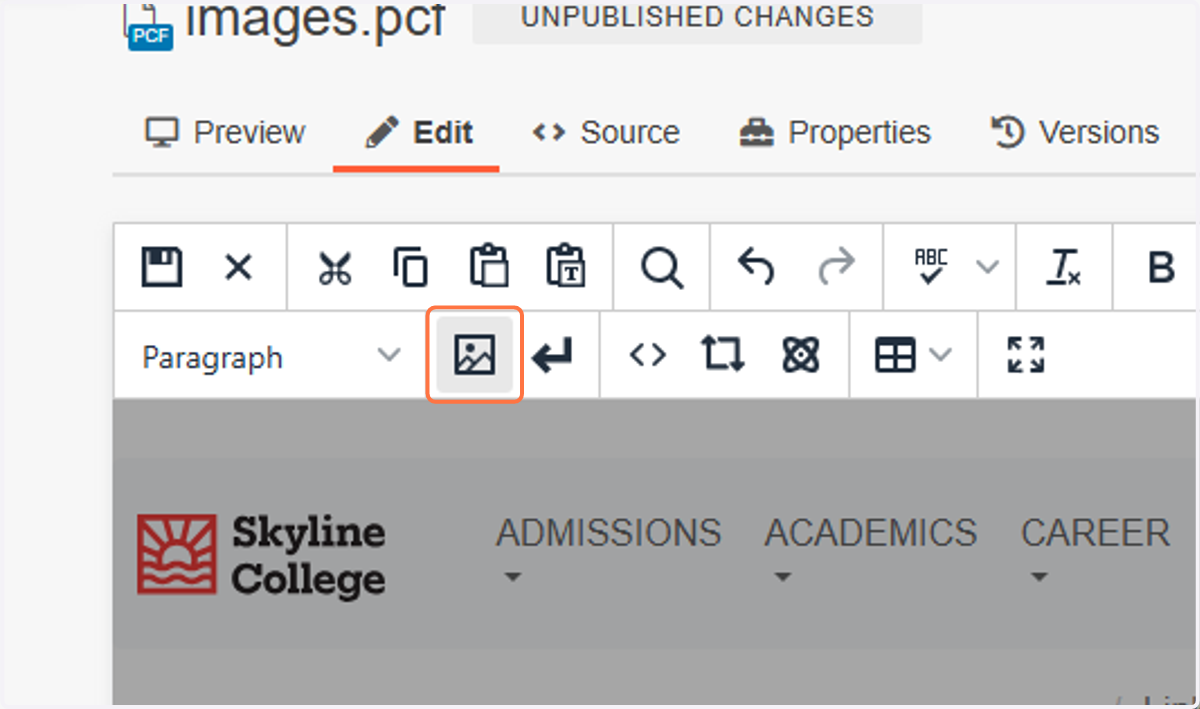Once you are back on your page and in the page editor, put your cursor on the area you want to add your image to. Then click the image icon in the menu bar to insert your image there.