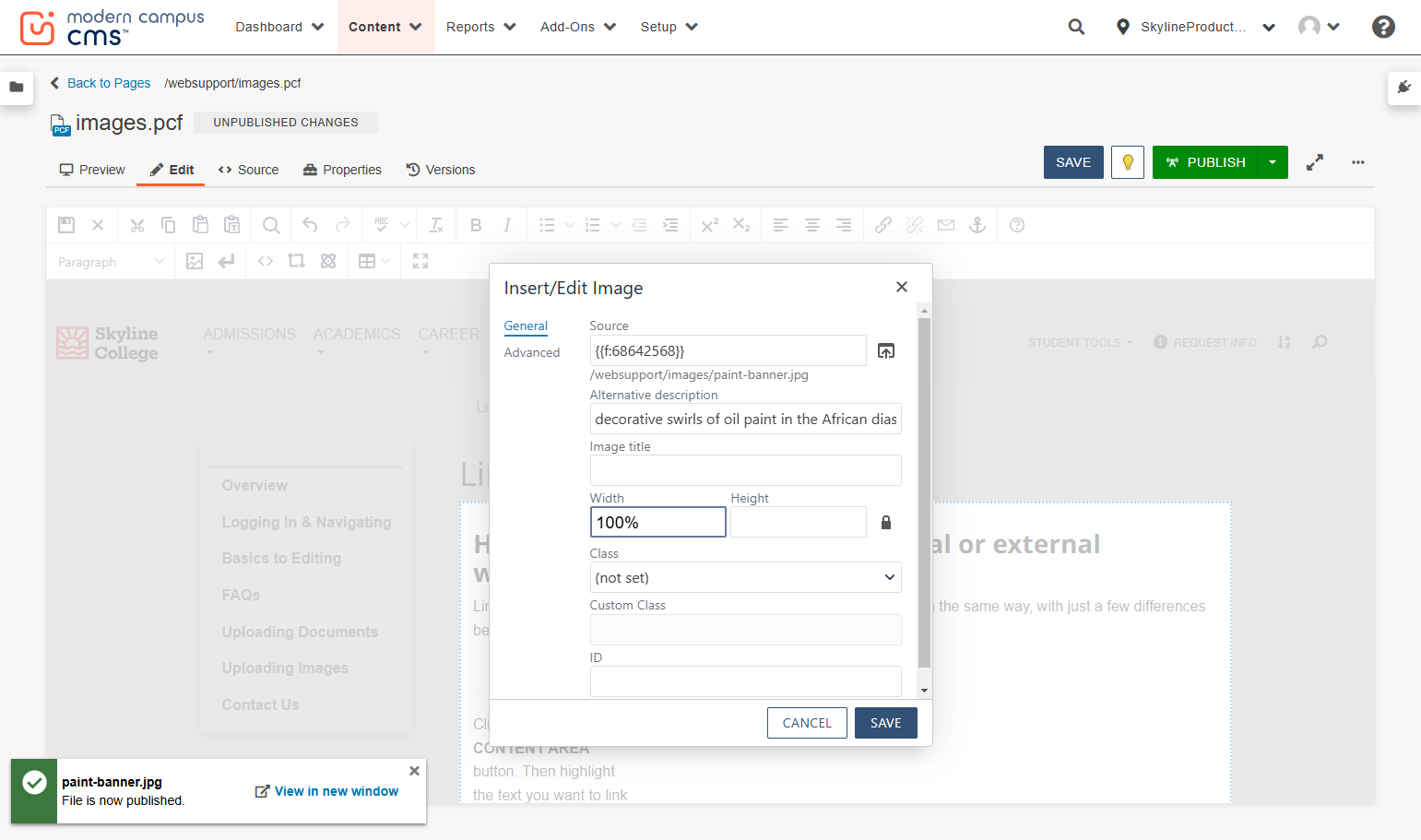 We want to use a percentage in the width field to address the different screen types our users will view the image on.