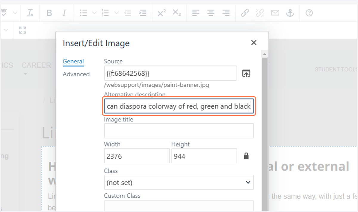 An alternative description for the image is required. It must describe the picture so a person who can’t see it does not lose information. <= ~150 characters. Include embedded text. Ex: two students sitting at a desk in a classroom smile and listen t