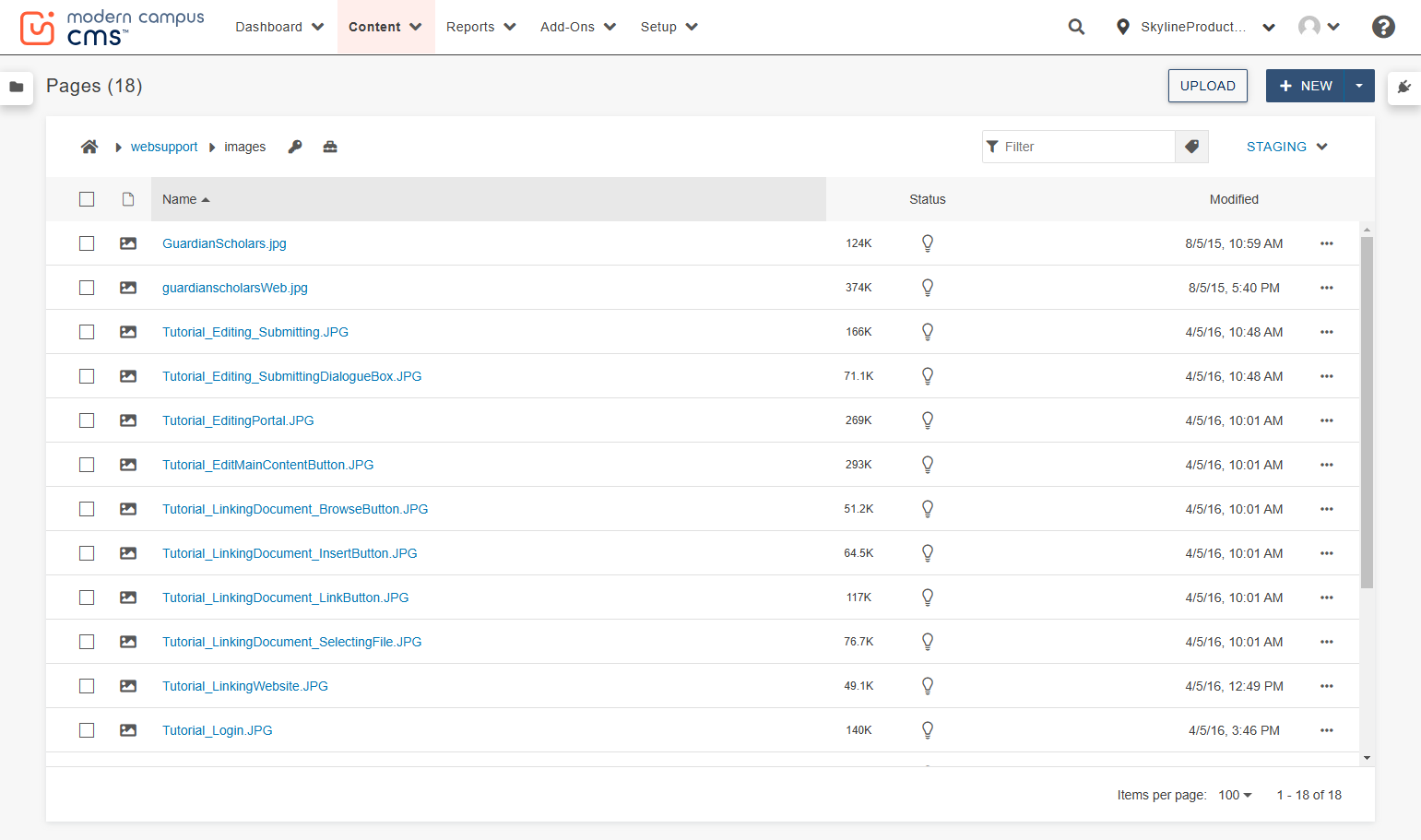 Inside the images folder, click on the UPLOAD button in the top right corner.