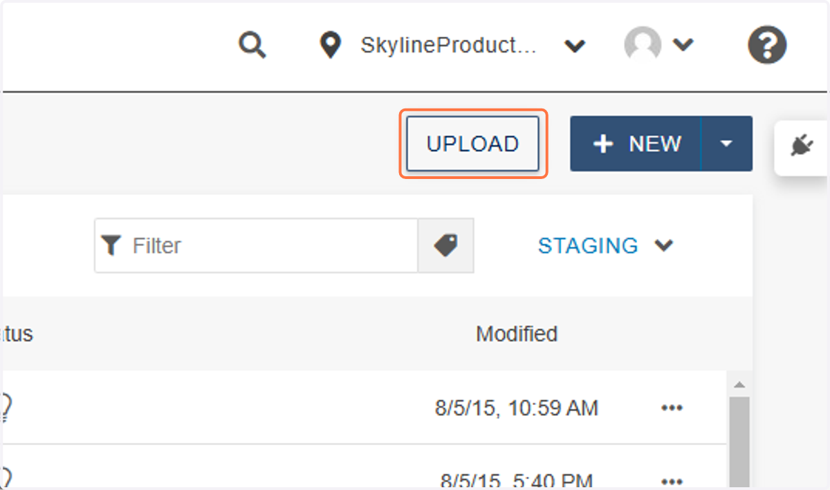 Inside the images folder, click on the UPLOAD button in the top right corner.