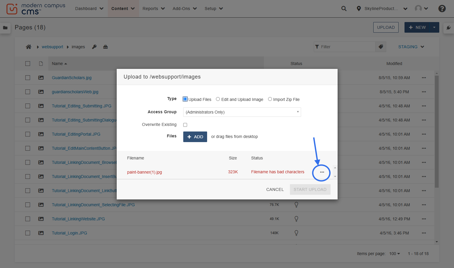 If needed, you can click on the three-dots "More actions" menu to rename the file. This may be required if there are disallowed characters like parentheses, and may just be a good idea to make the file more recognizable or remove extra text like "FIN