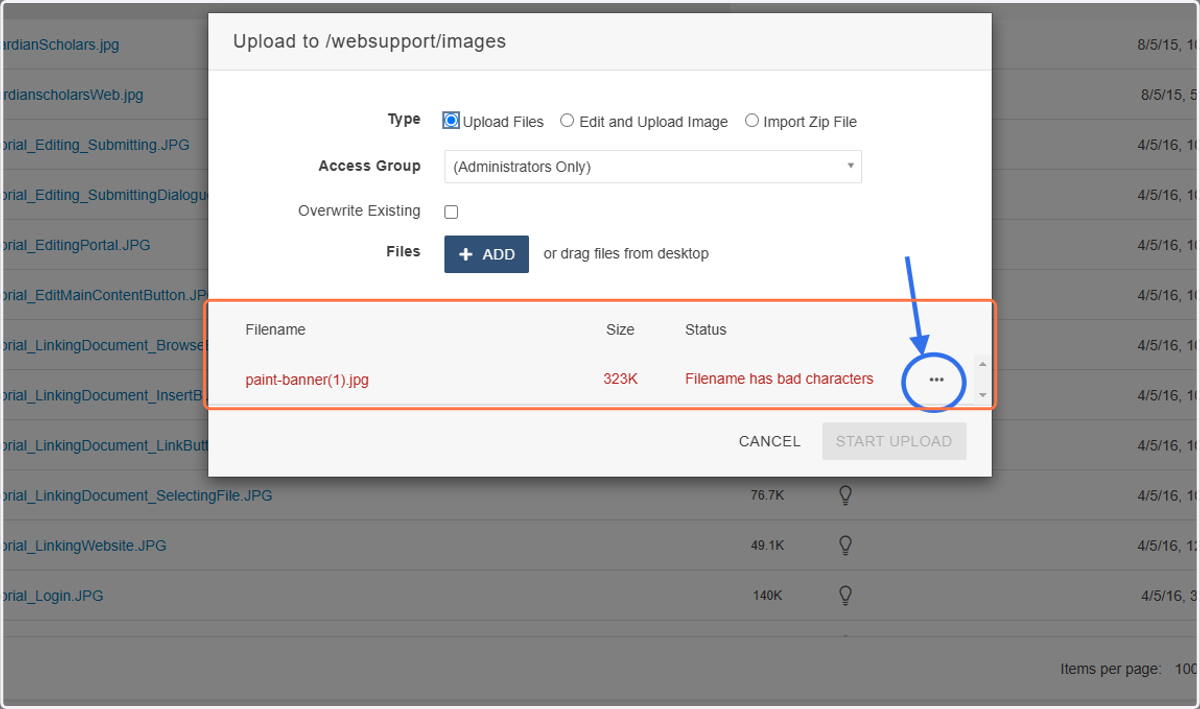 If needed, you can click on the three-dots "More actions" menu to rename the file. This may be required if there are disallowed characters like parentheses, and may just be a good idea to make the file more recognizable or remove extra text like "FIN