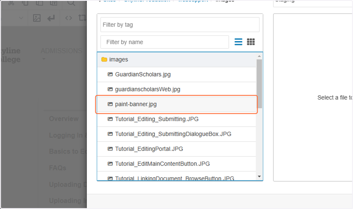 Find your image in the images folder, then click insert in the bottom right corner.