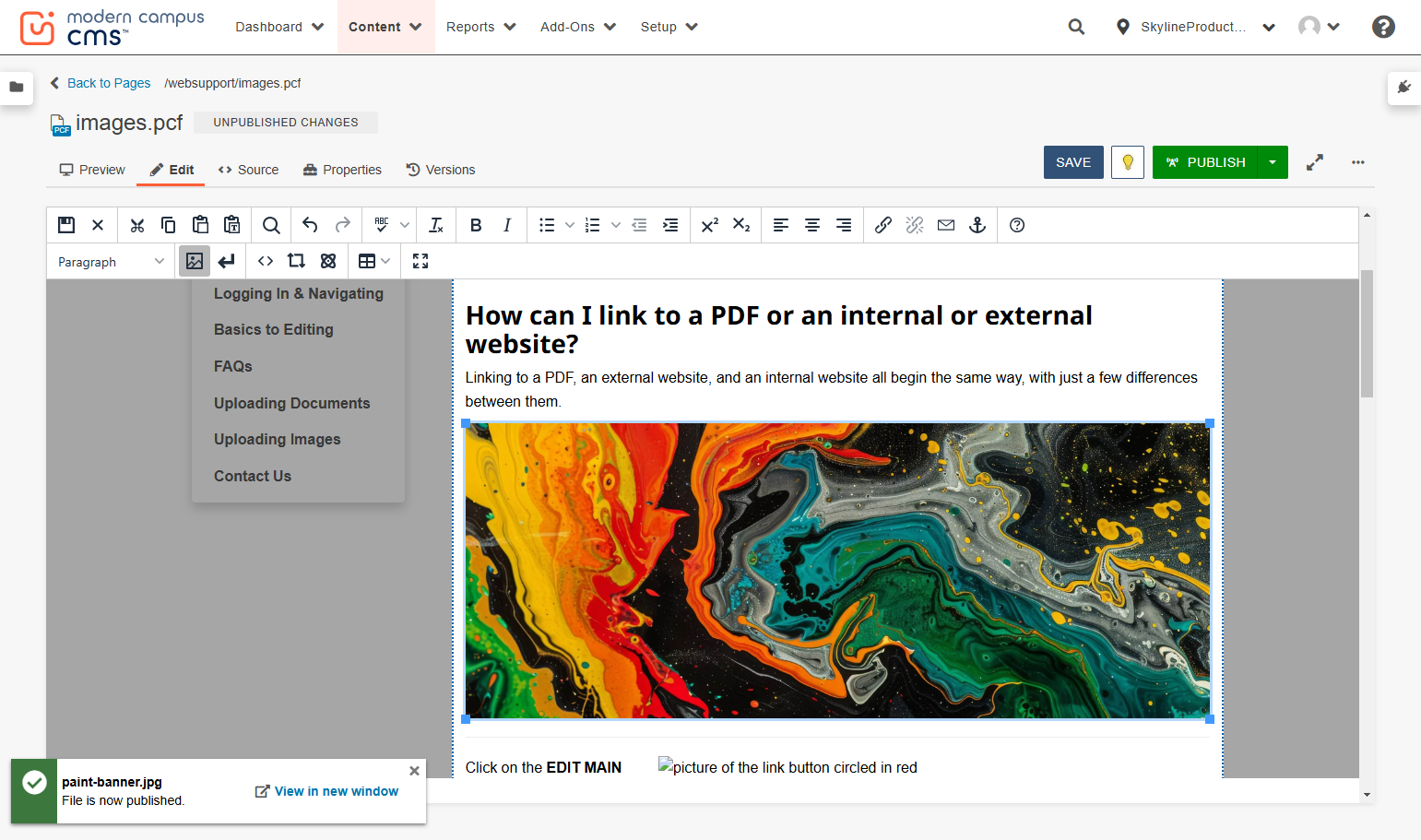 Save the image. You will see it is now embedded in the page. If the image is not displaying, you probably still need to publish it.