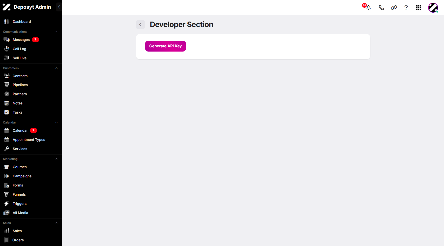Step 5: Click the Generate API Key button to generate the key.
