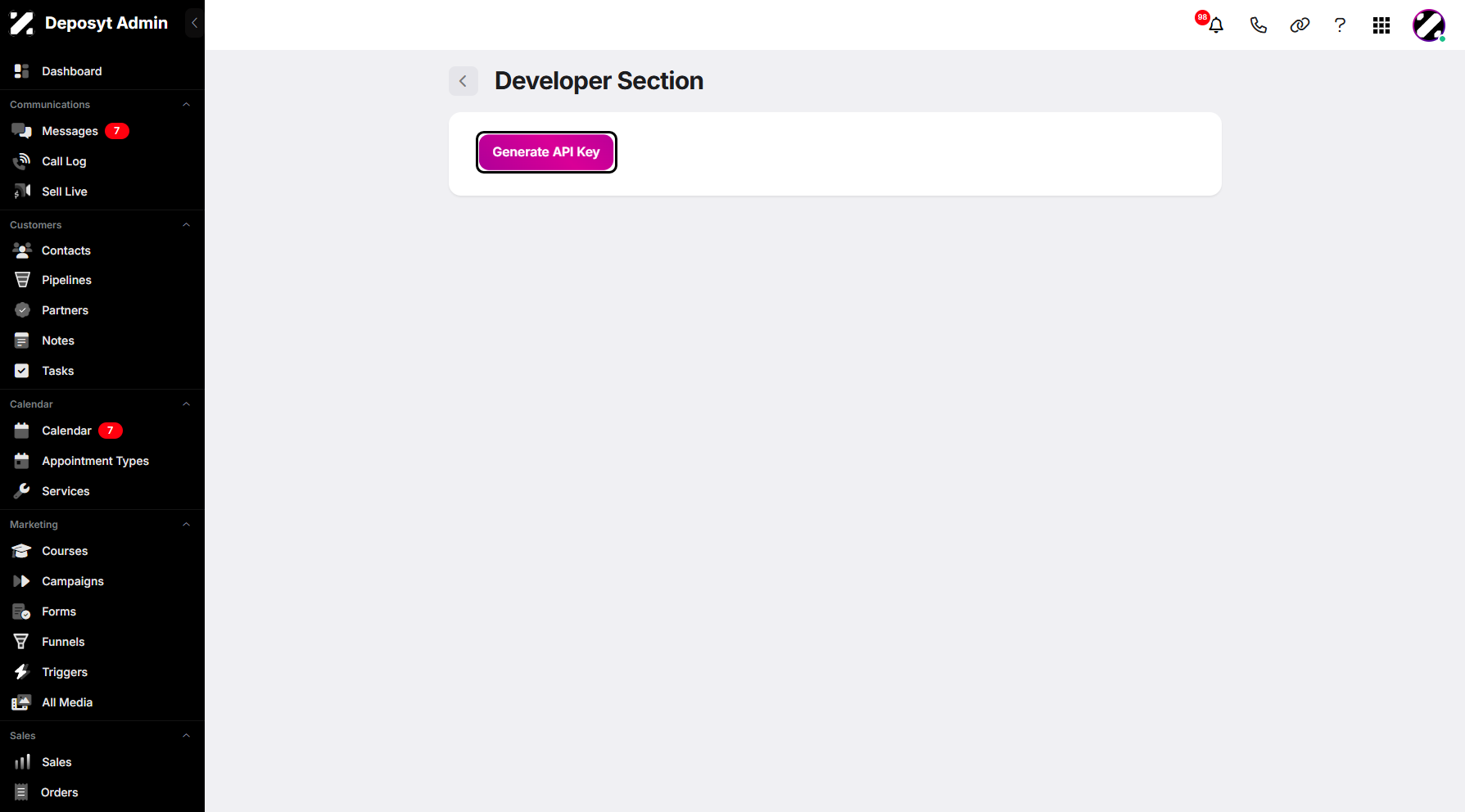 Step 5: Click the Generate API Key button to generate the key.