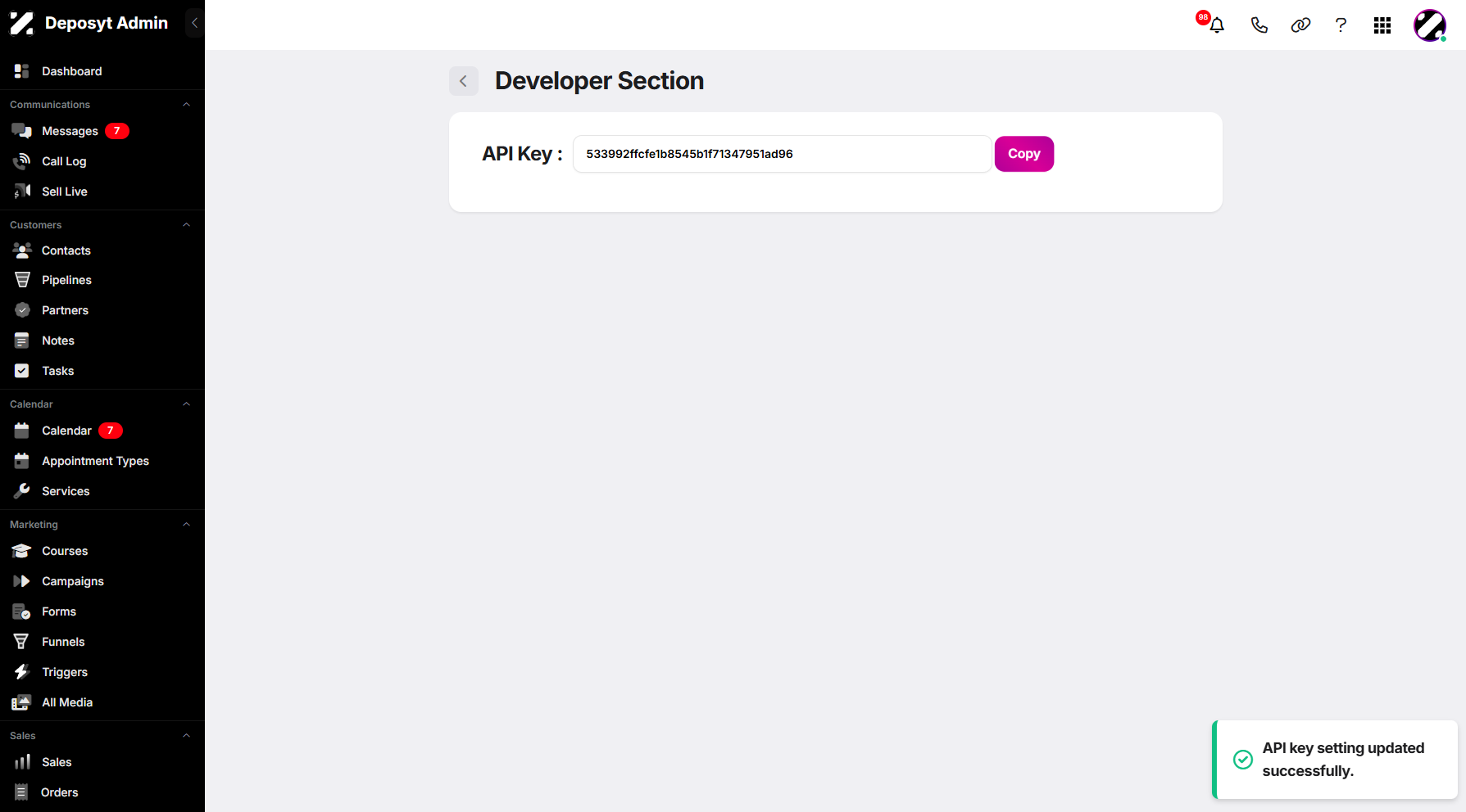 Step 7: You can now copy the generated API key by clicking the Copy button and paste it as needed.