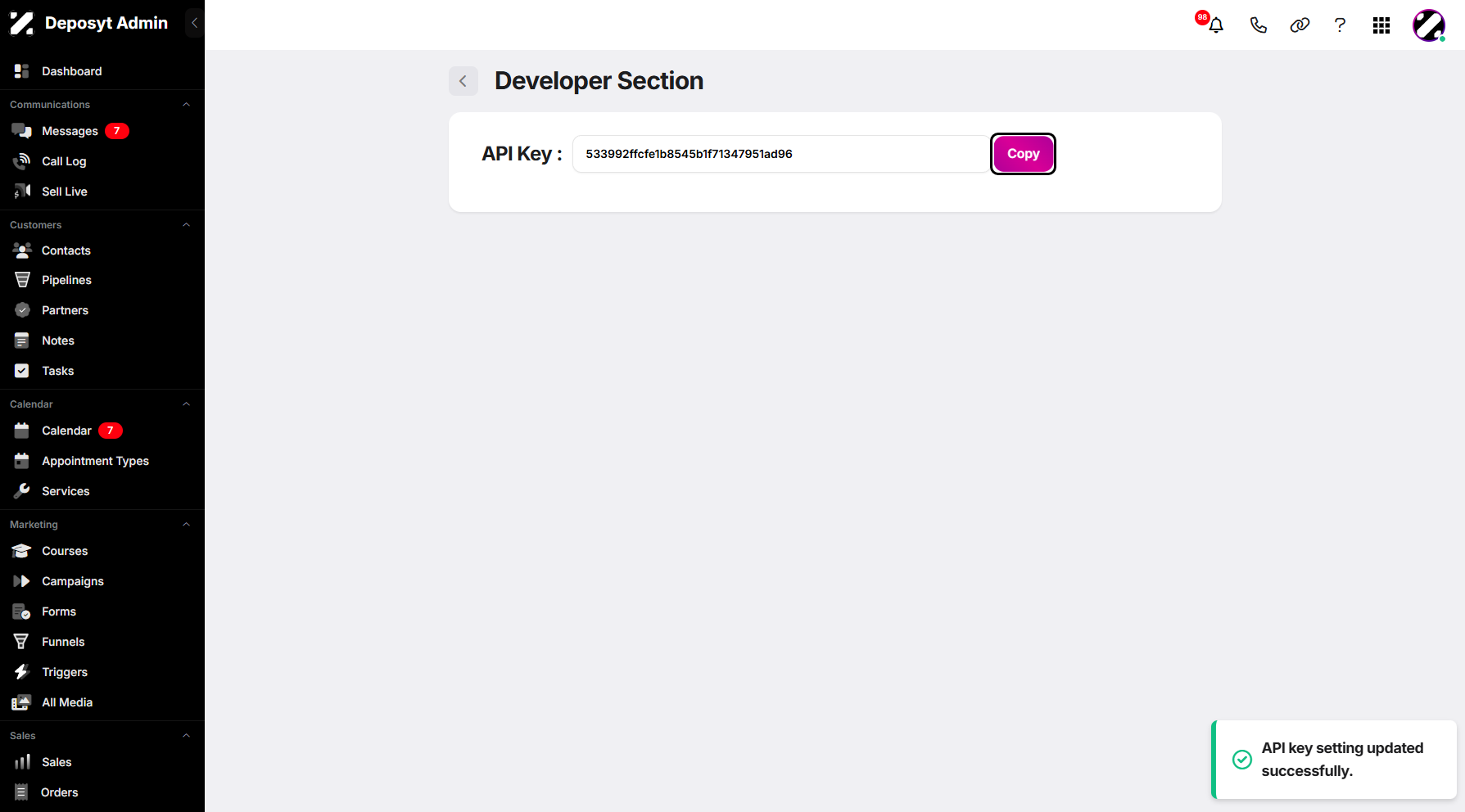 Step 7: You can now copy the generated API key by clicking the Copy button and paste it as needed.