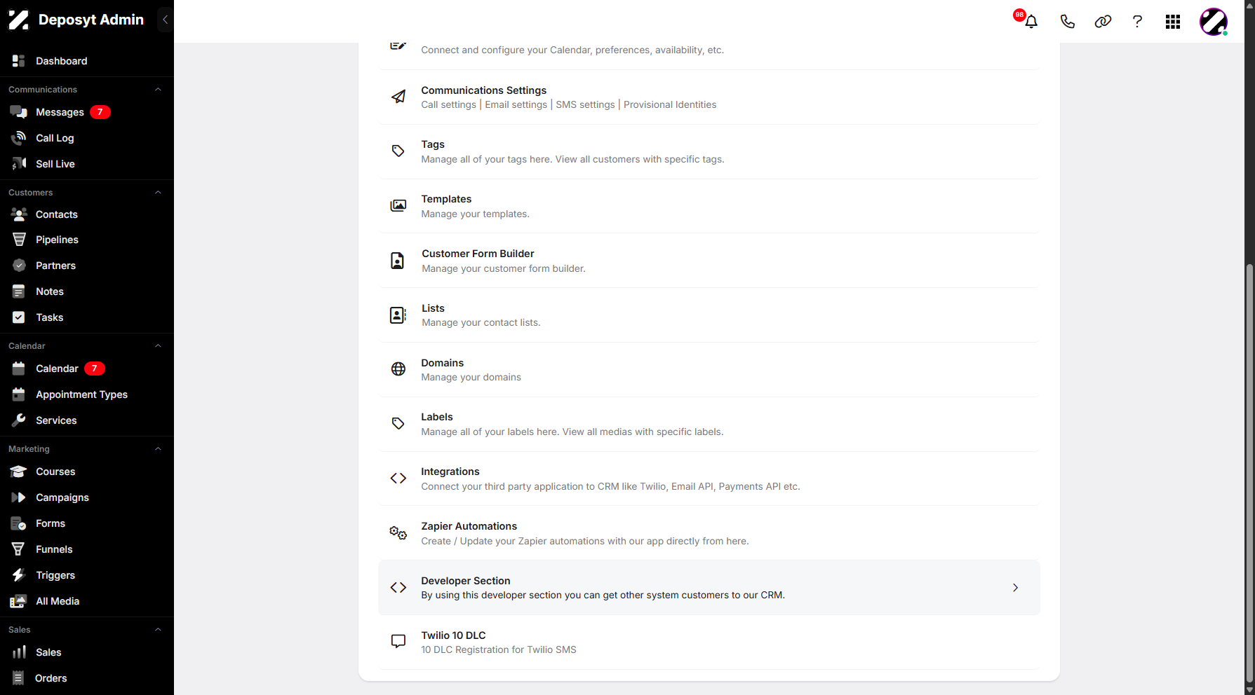 Step 3: You will then be taken to the Settings page. Scroll down and click on Developer Section to continue.