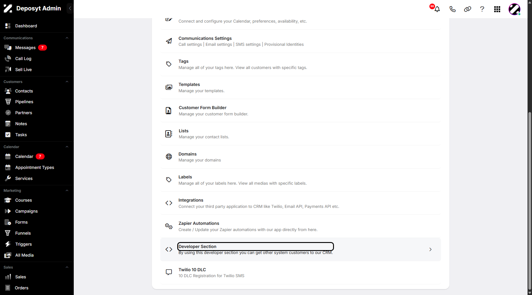 Step 3: You will then be taken to the Settings page. Scroll down and click on Developer Section to continue.