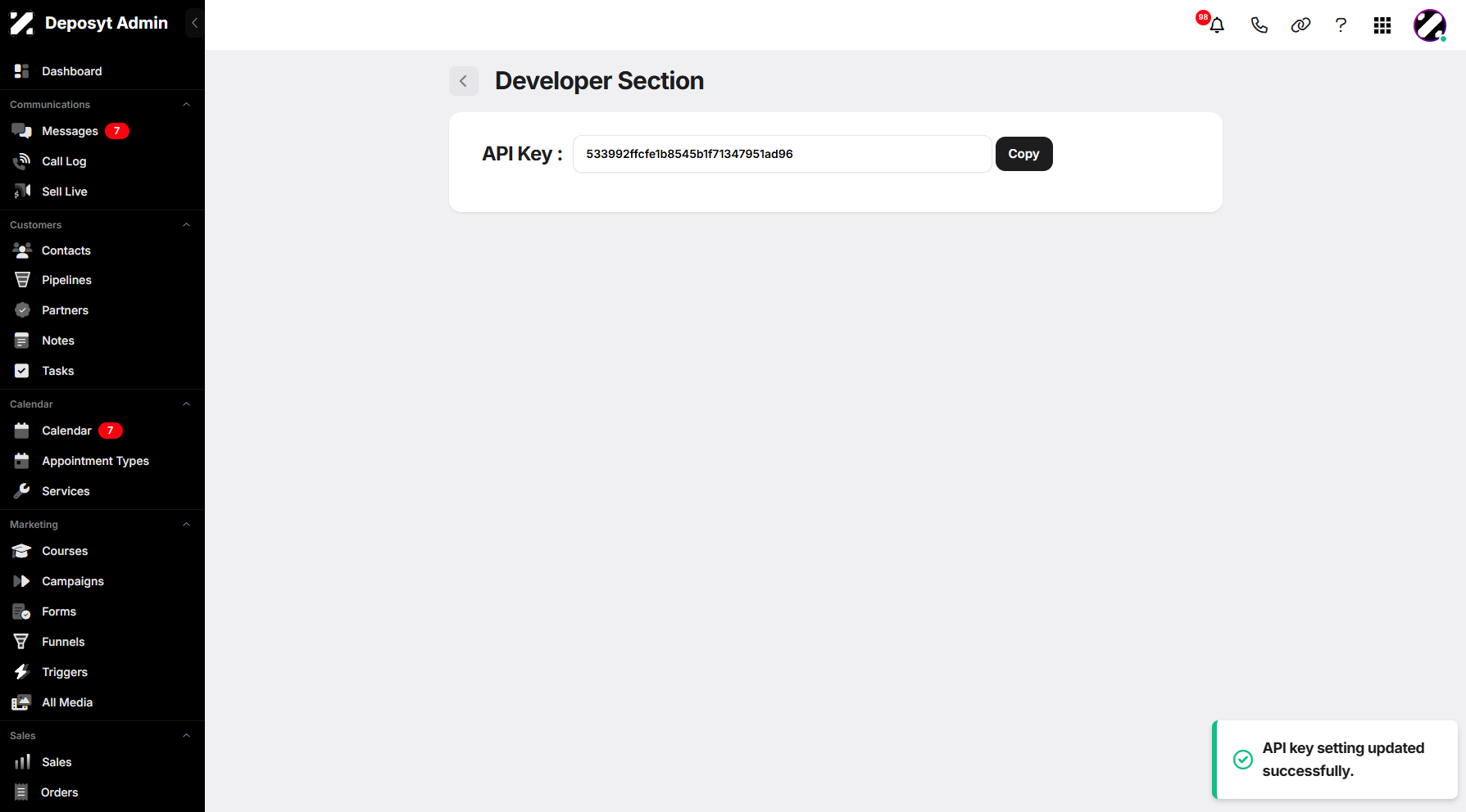 Step 6: The generated API key will be displayed, along with a pop-up notification confirming that the API key has been successfully generated.