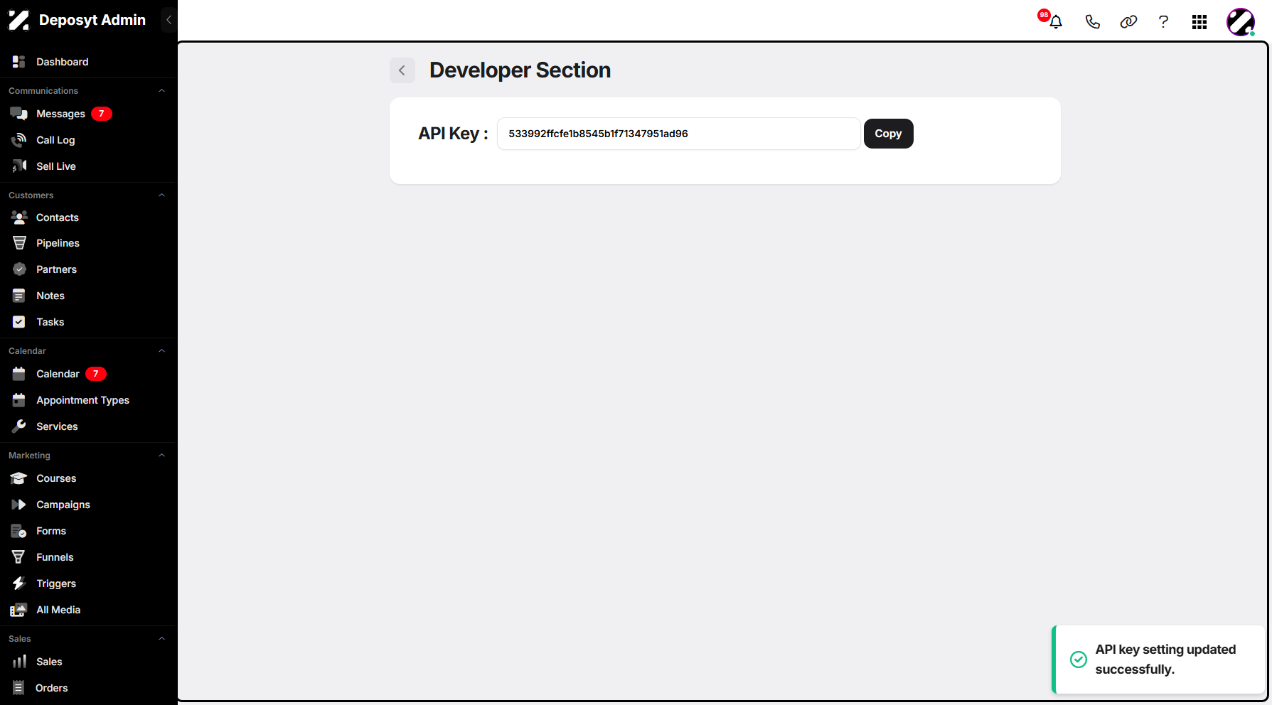 Step 6: The generated API key will be displayed, along with a pop-up notification confirming that the API key has been successfully generated.