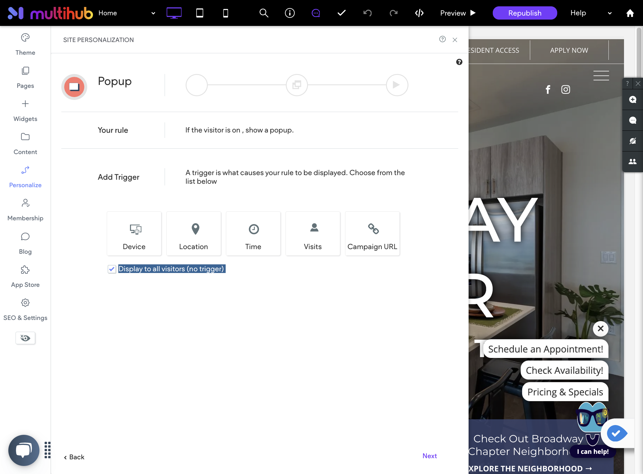 Click on Display to all visitors (no trigger)