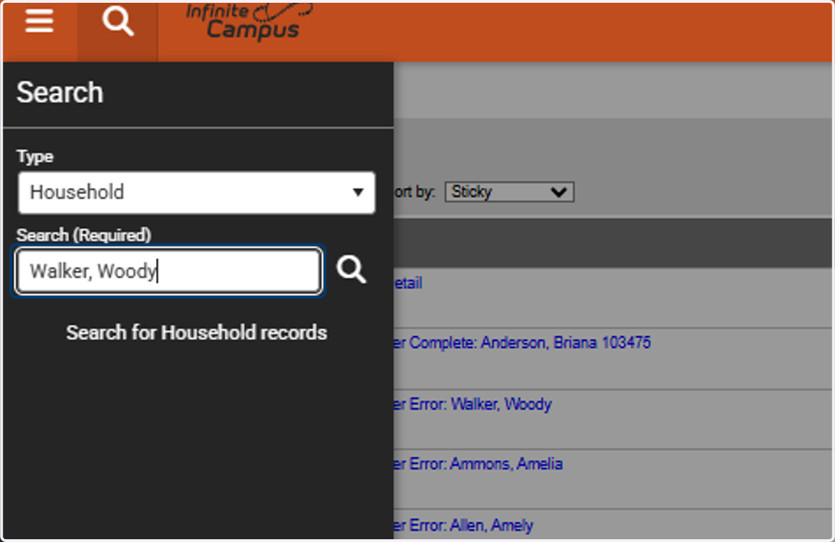 Enter the Household Name or a Household Member's Name