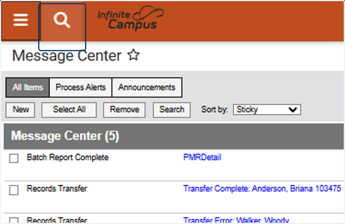 From the Landing Page, Click on the Magnifying Glass to Search