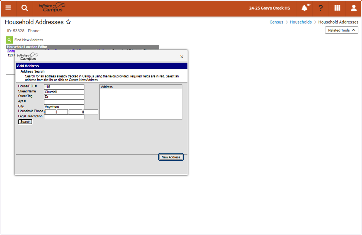 If the address does not exist, click “New Address.” If an existing address appears in your search results, select that address instead.