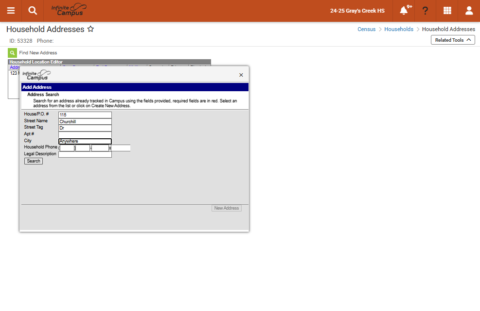 Enter the New Address Information & Select Search