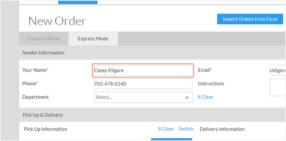 Complete the Sender, 'Caller' section