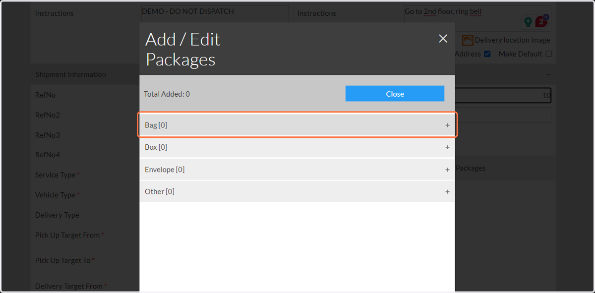 Select the type of package you need delivered to expand your options.