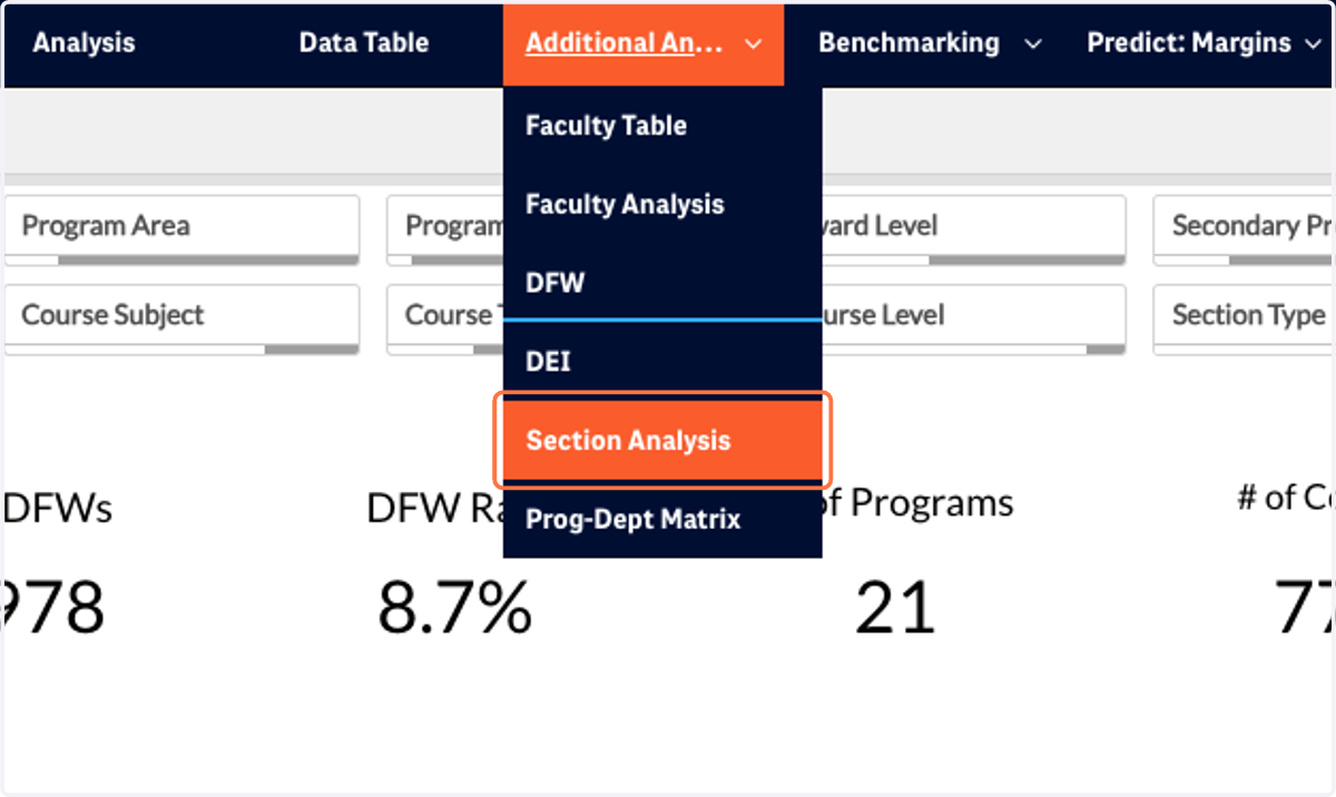 To move to the Section Analysis tab, open the Additional Analysis drop-down menu from the blue navigation banner and select Section Analysis.