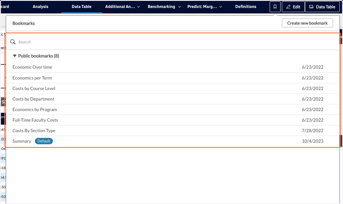 This will open up a menu of preset bookmarks, each of which can be a helpful view within the system.