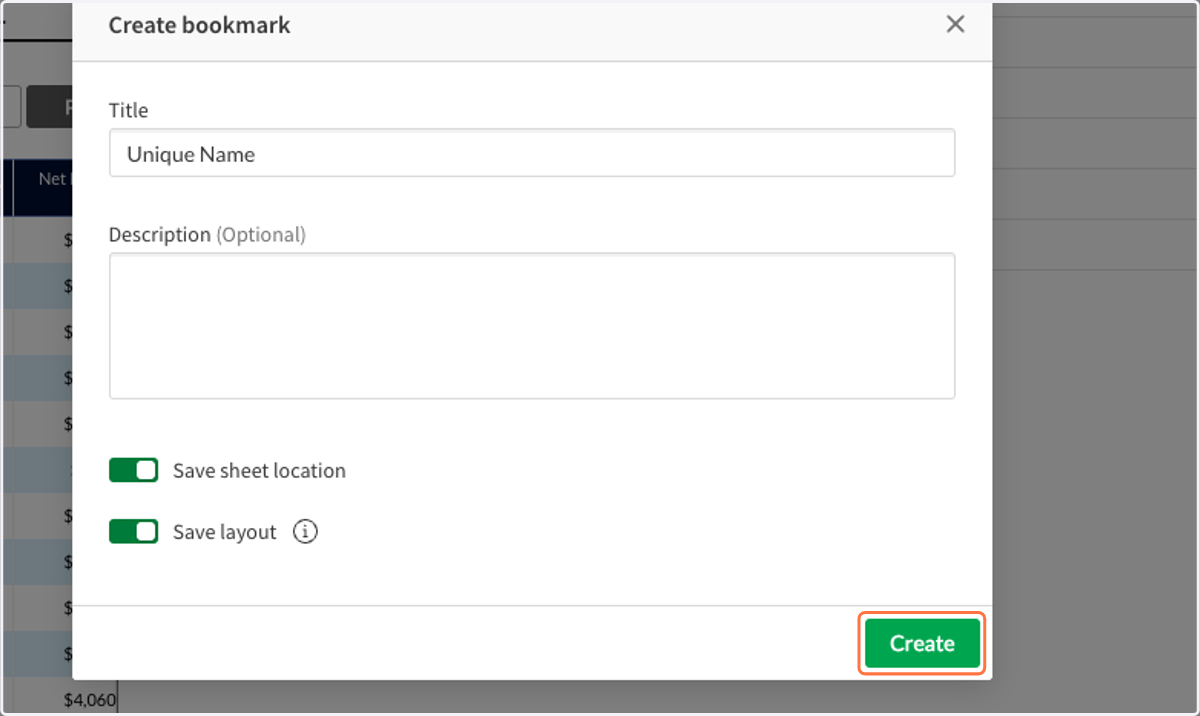 To save your bookmark click on the green Create button.