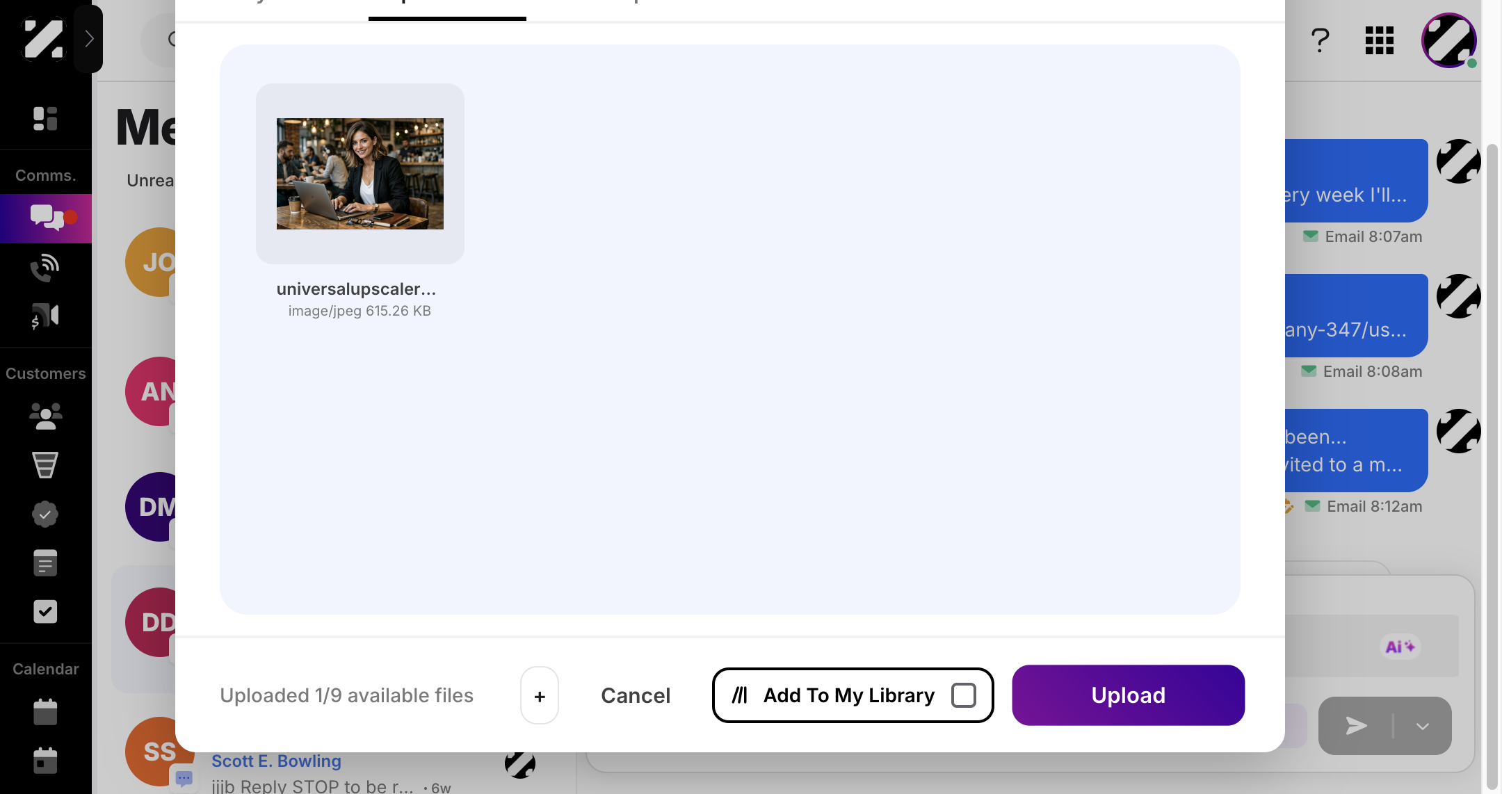 Then, click the Upload button to add the media link to your message.