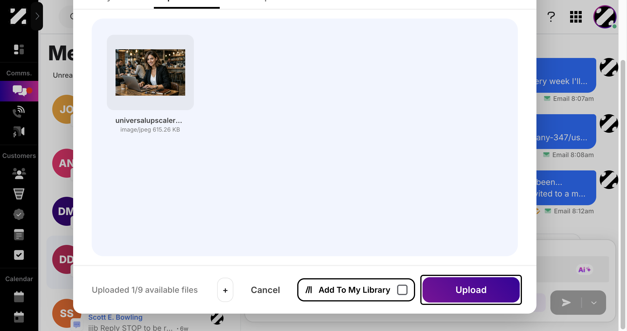 Then, click the Upload button to add the media link to your message.