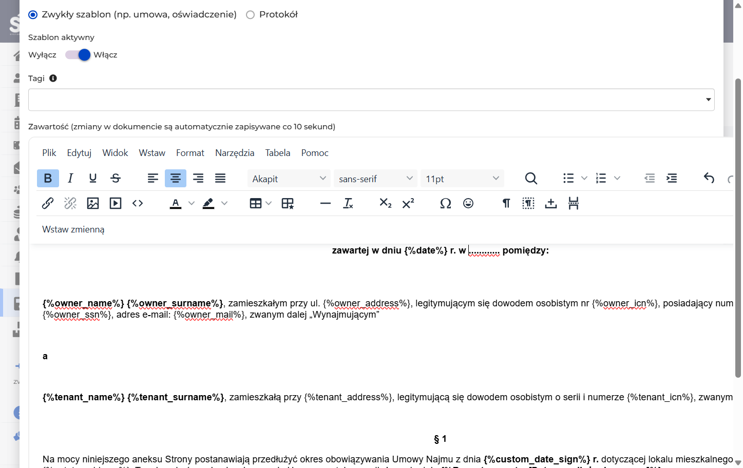 Aby wstawić zmienną, kliknij kursorem, gdzie ma się pojawić, a następnie wybierz odpowiednie pole z listy zmiennych