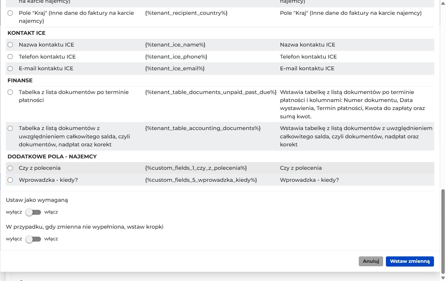 Jeśli dodałeś wcześniej dodatkowe pola np. na karcie najemcy, system również może je zaciągnąć do umowy