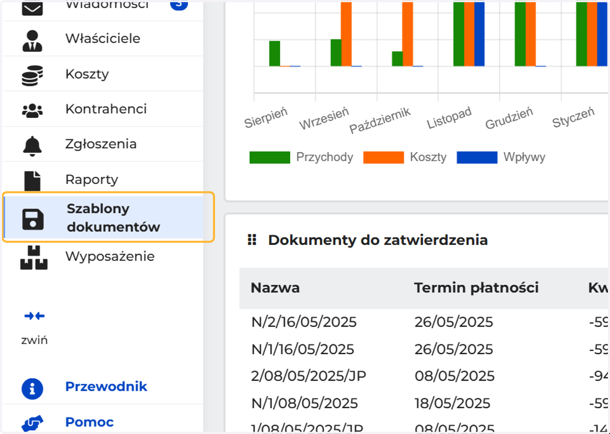 Przejdź do zakładki "szablony dokumentów"w menu bocznym