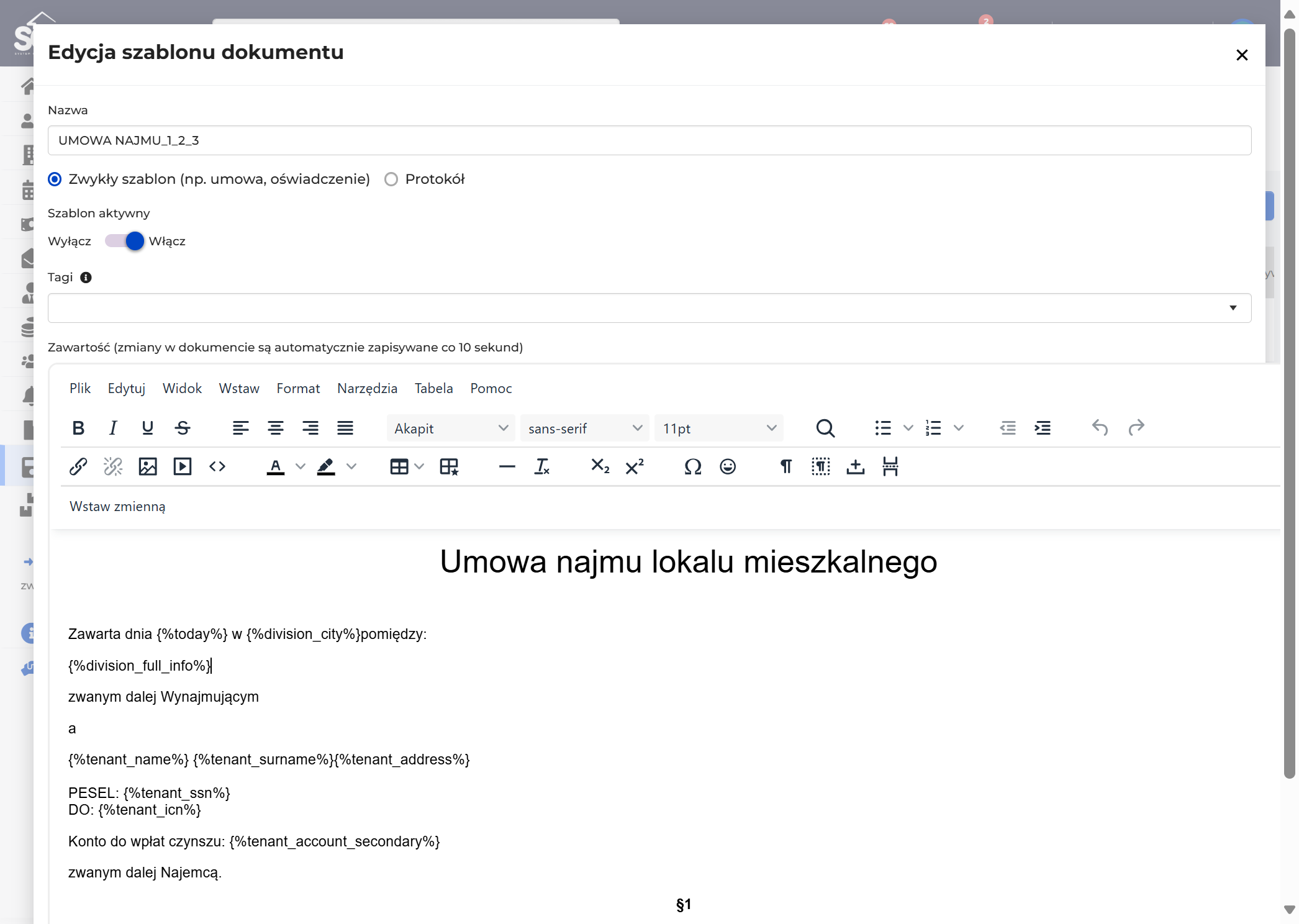 Tak uzupełniony szablon jest gotowy do wygenerowania. W każdym momencie możesz kliknąć na zmienną, aby sprawdzić, czego dotyczy
