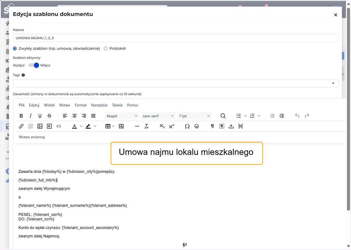 Tak uzupełniony szablon jest gotowy do wygenerowania. W każdym momencie możesz kliknąć na zmienną, aby sprawdzić, czego dotyczy