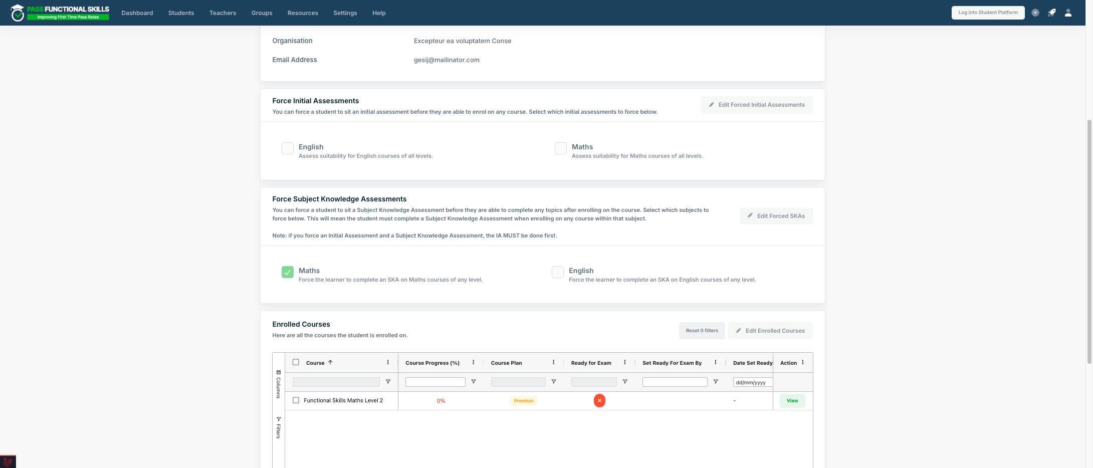 While viewing the student you wish to enforce an SKA on, navigate to the “Overview” tab and click “Edit Forced SKAs.”