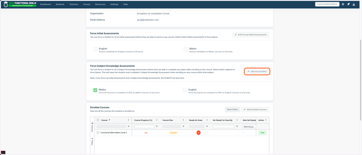 While viewing the student you wish to enforce an SKA on, navigate to the “Overview” tab and click “Edit Forced SKAs.”