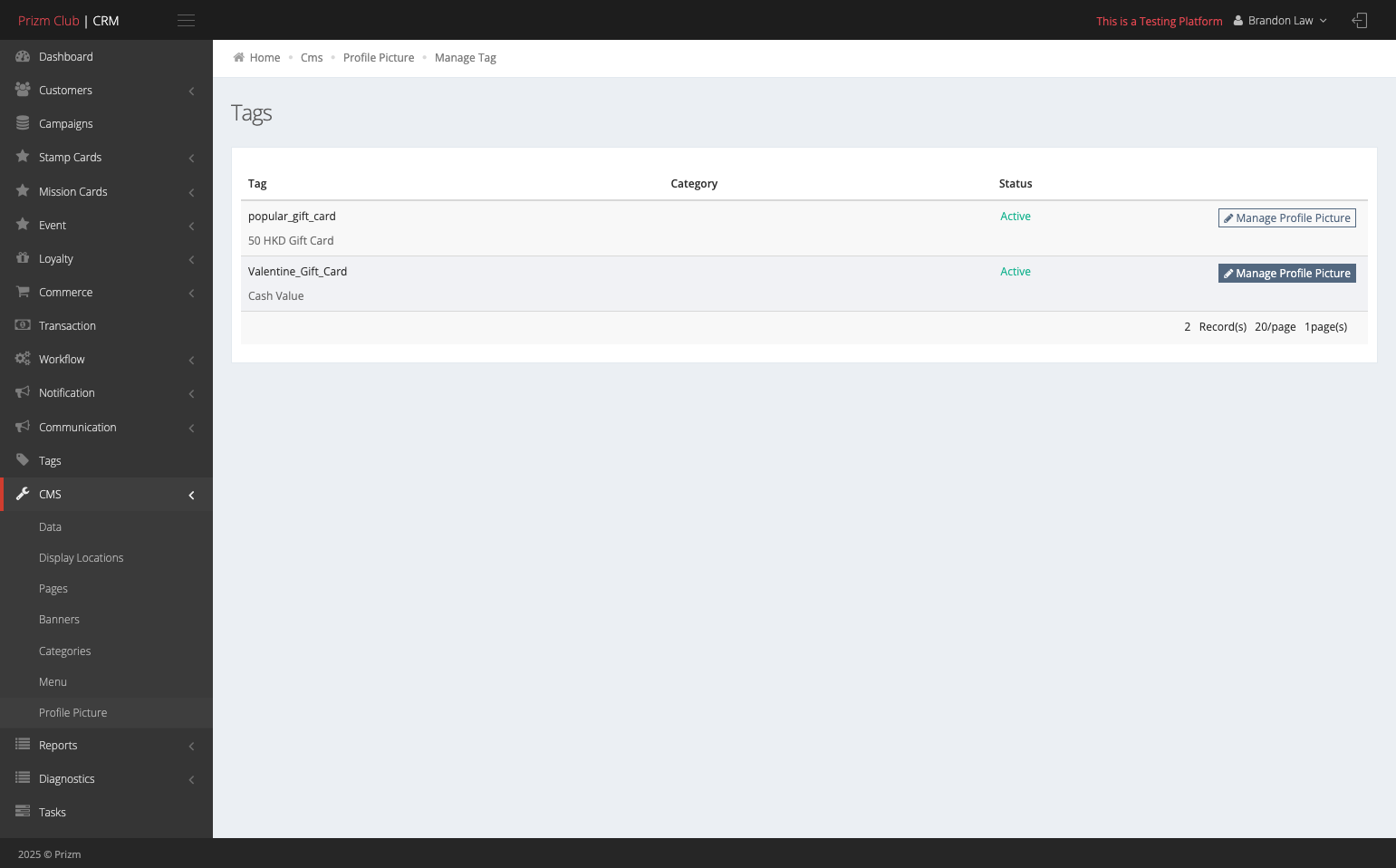 Select a tag to add to the gift card, then click 'Manage Profile Picture'.