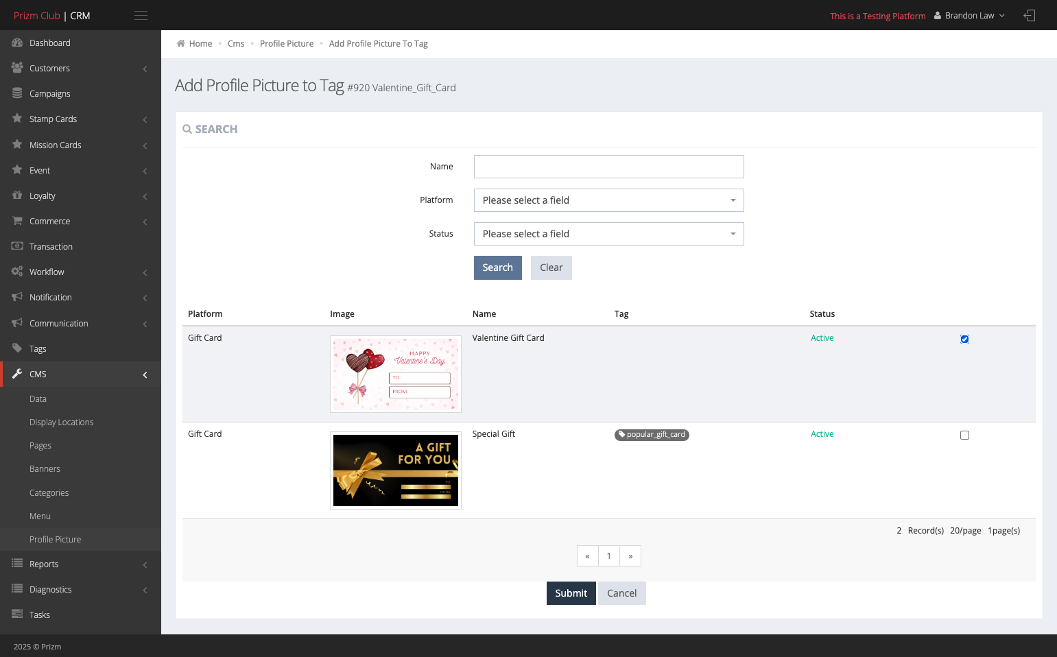 Check the gift card that you would like to assign tag to.