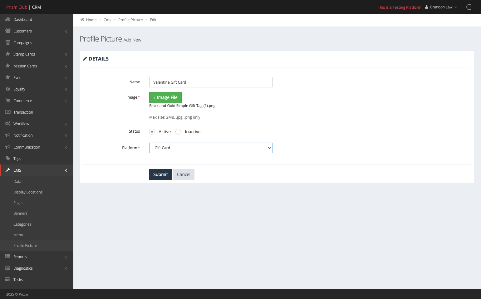 Select Gift Card as Platform