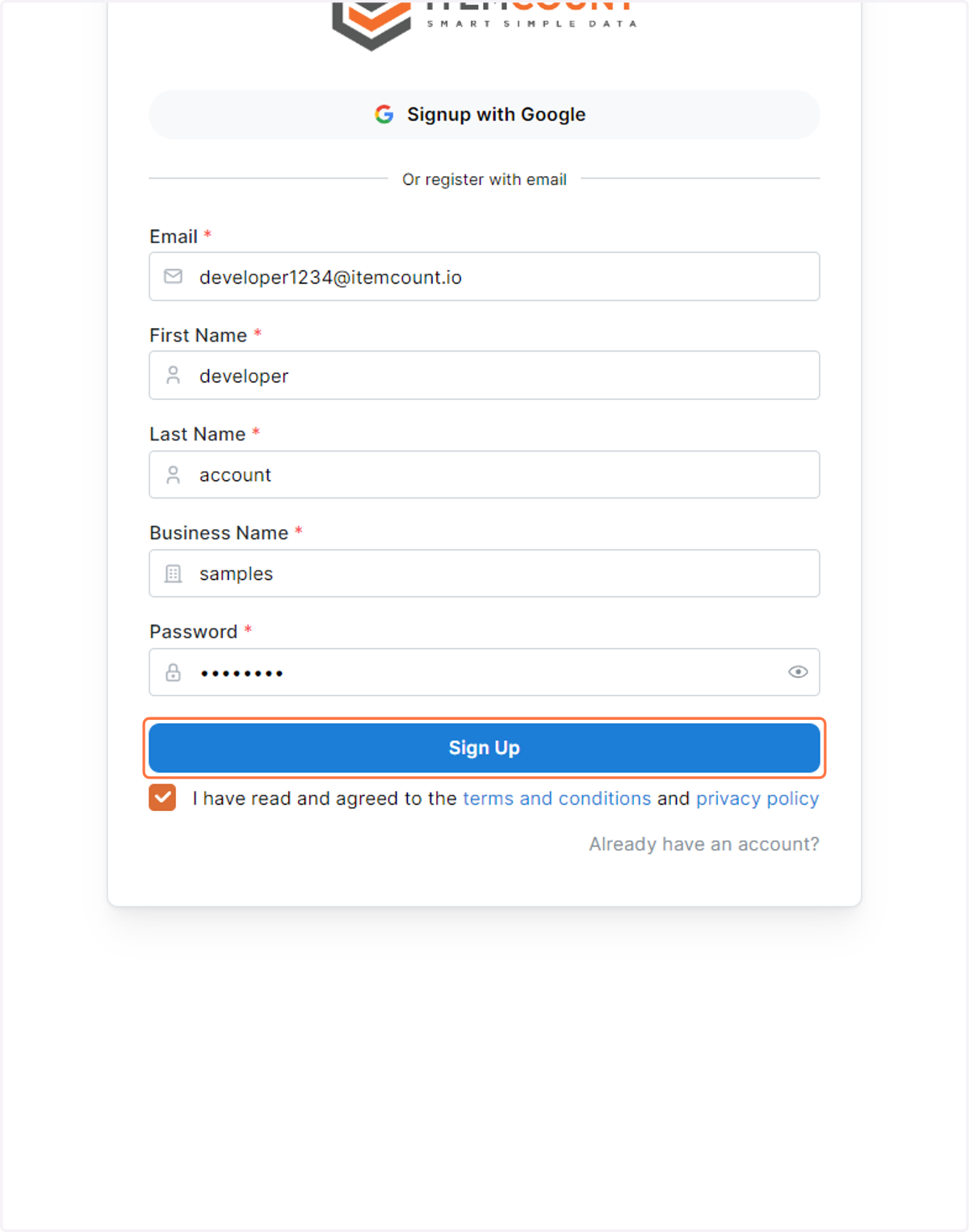 after filling out, Click on Sign Up