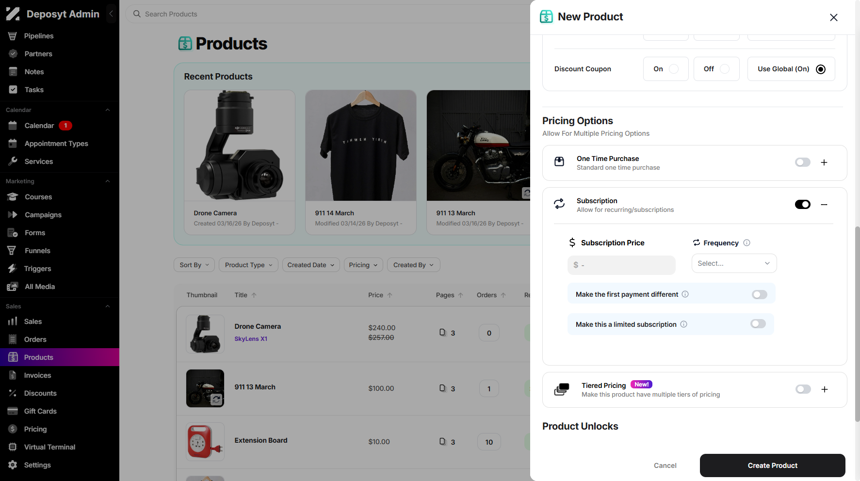 Step 6: Next is the Pricing Options, where you can choose between One-Time Purchase, Subscription, or Tiered Pricing. To select Subscription, simply toggle the switch on.