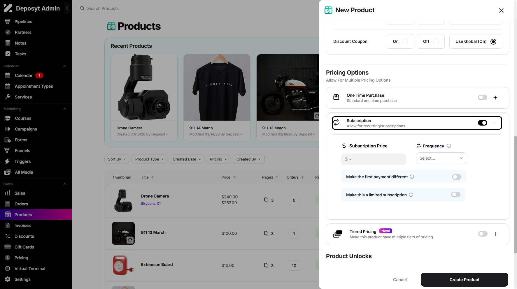Step 6: Next is the Pricing Options, where you can choose between One-Time Purchase, Subscription, or Tiered Pricing. To select Subscription, simply toggle the switch on.