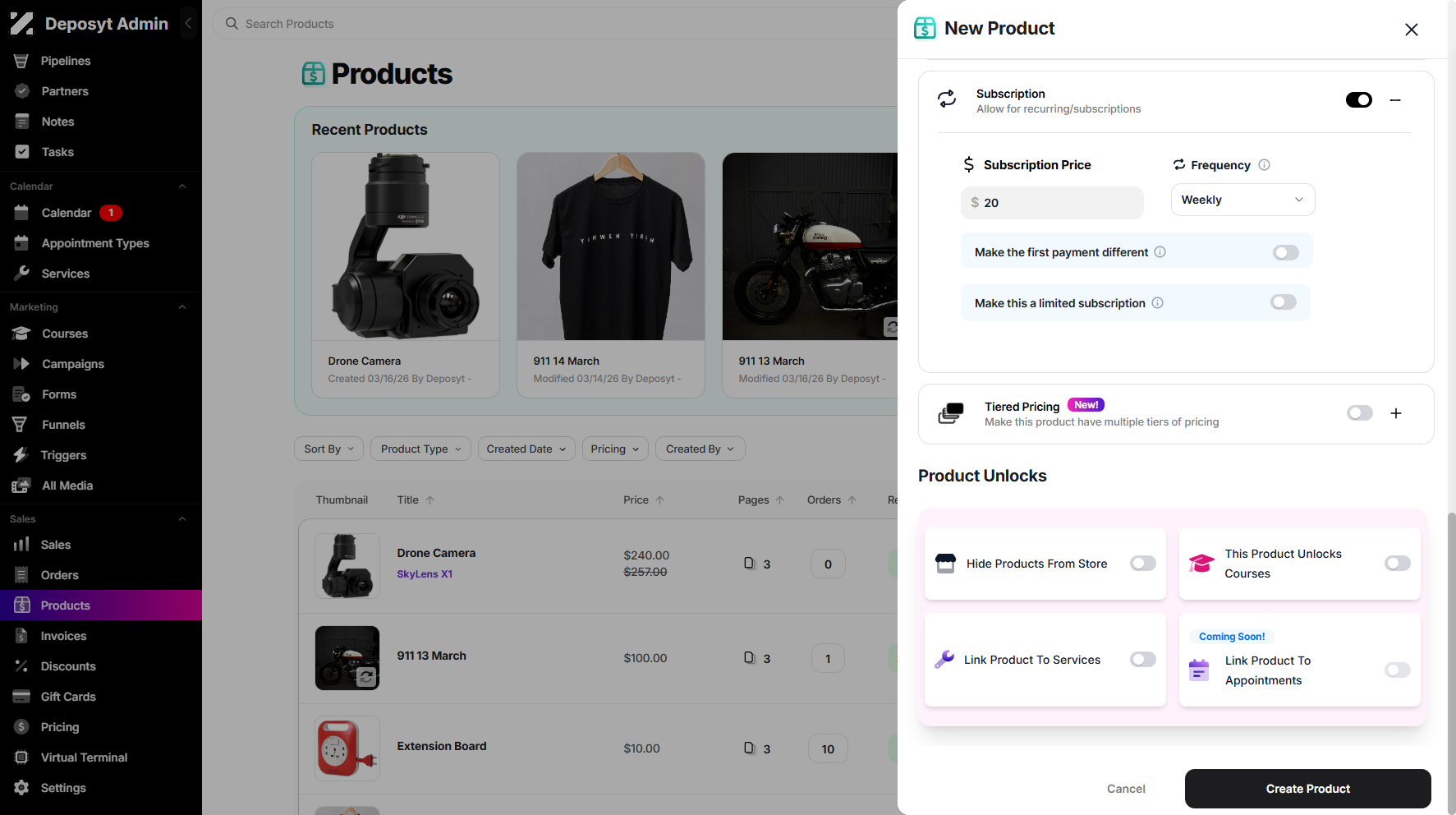Step 7: After setting up the Subscription pricing option, scroll down to Product Unlocks, where you can toggle the switch on or off for the selected section.