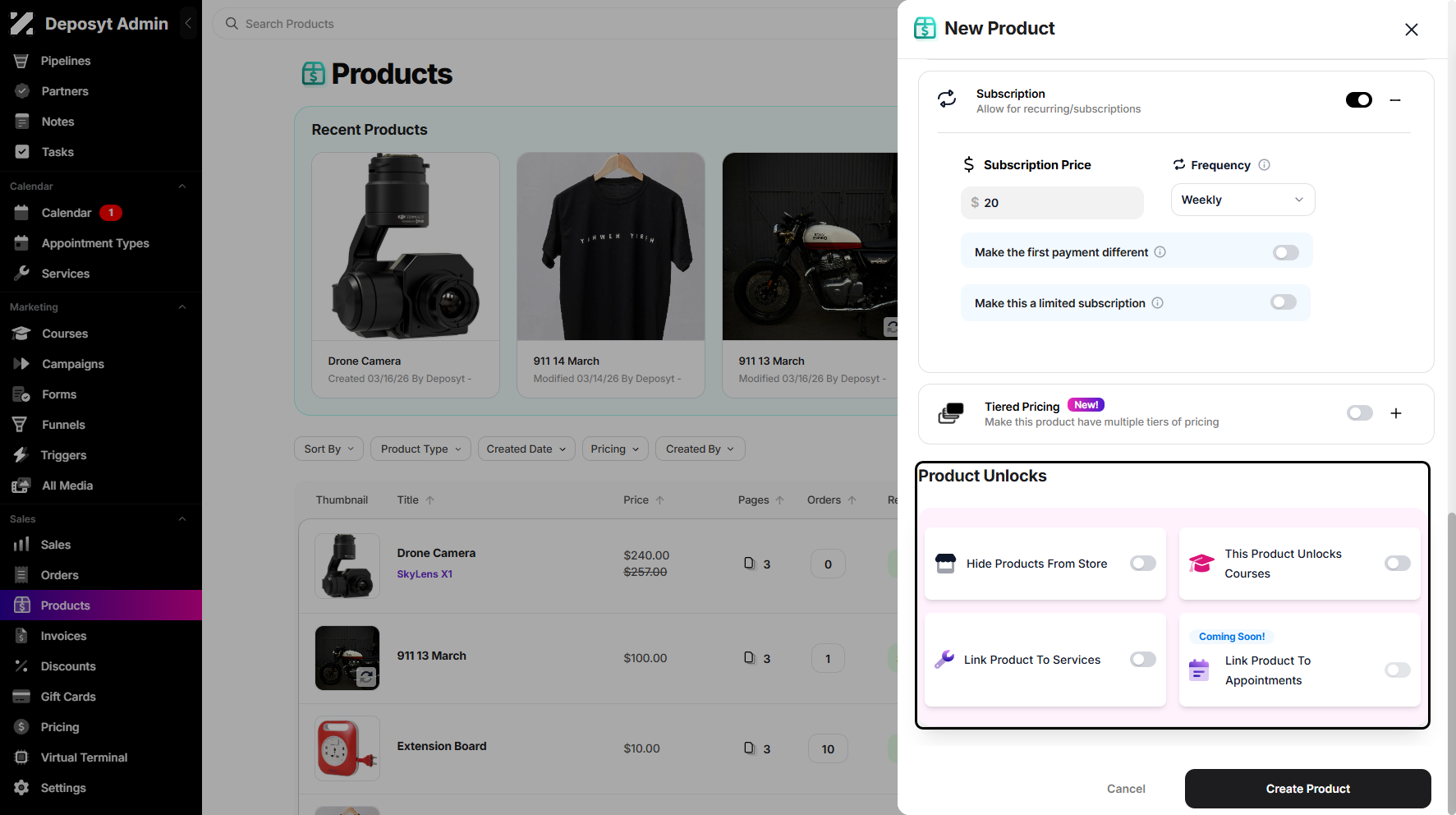 Step 7: After setting up the Subscription pricing option, scroll down to Product Unlocks, where you can toggle the switch on or off for the selected section.