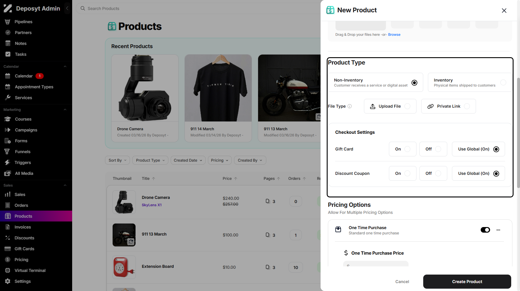 Step 5: Next, specify the Product Type. Non-Inventory for services or digital assets, and Inventory for physical goods.