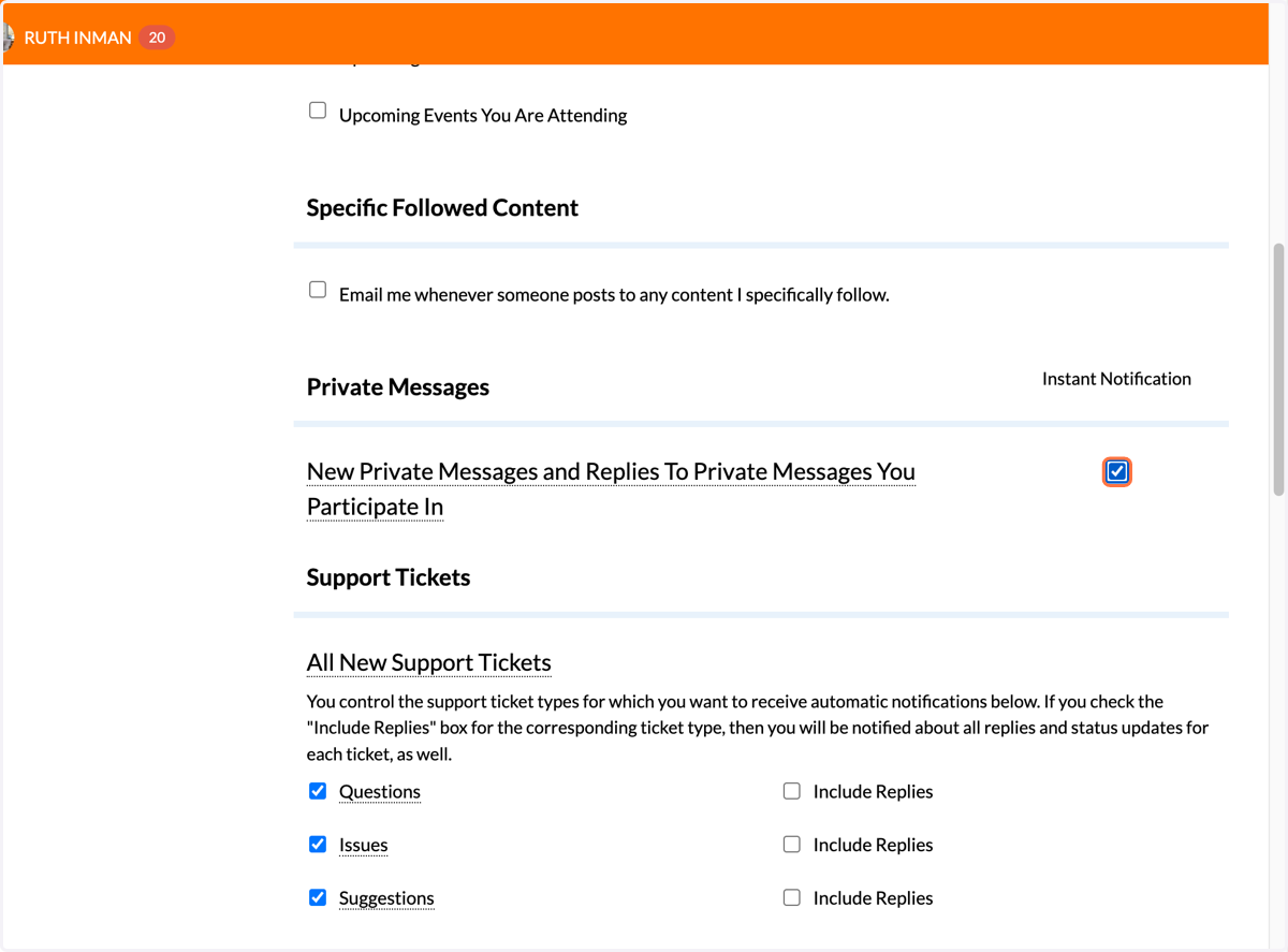 Check "New Private Messages and Replies To Private Messages You Participate In"
