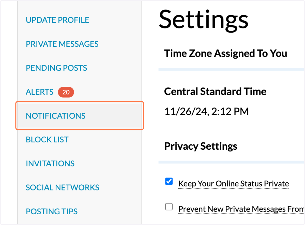 From the settings pages, click on NOTIFICATIONS