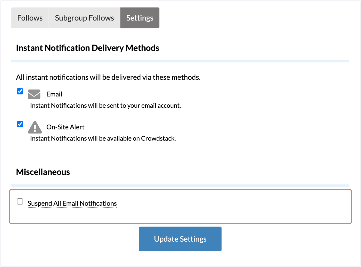 Ensure "Email" IS checked and "Suspend All Email Notifications" is NOT checked.